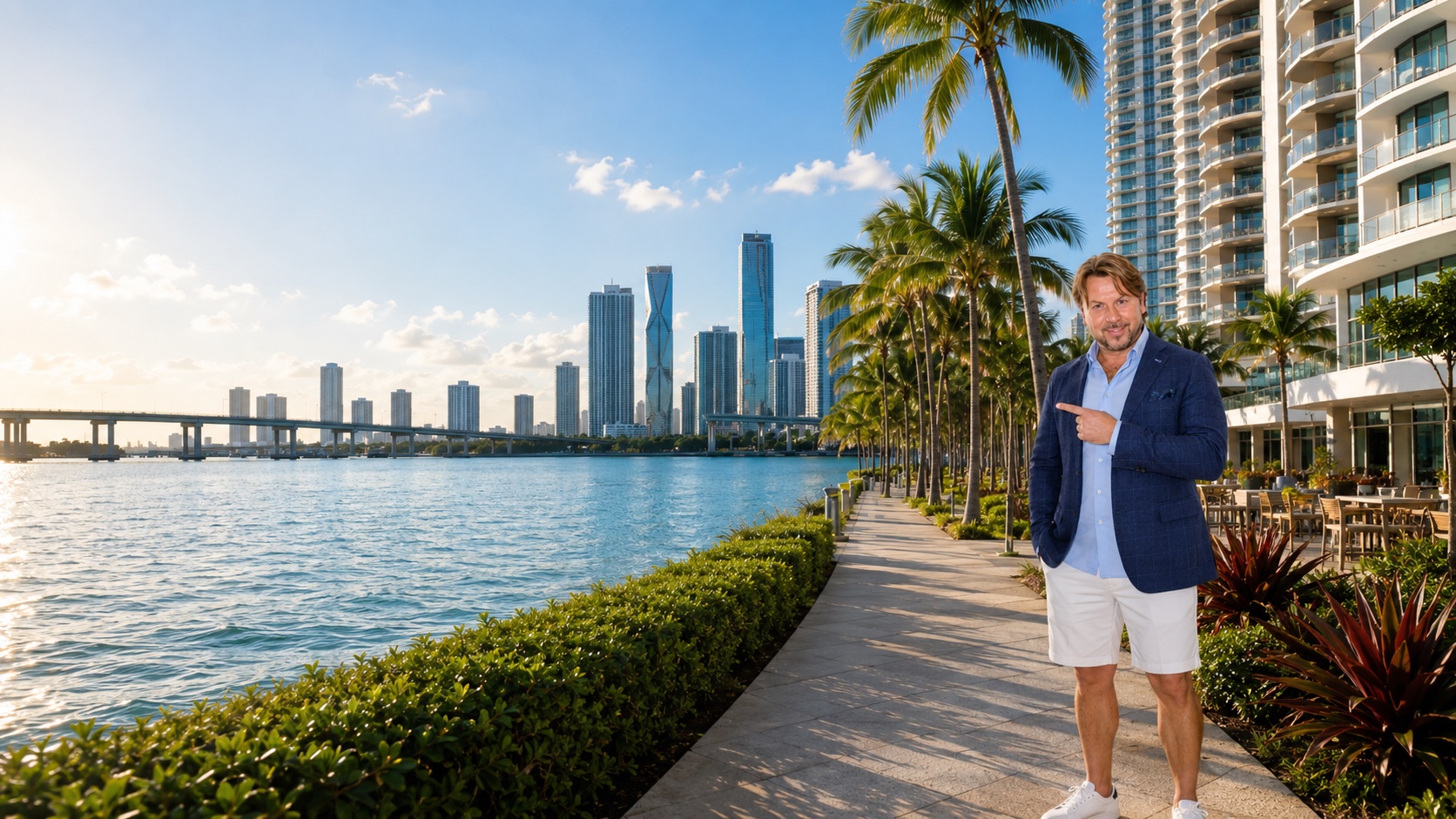 Mateusz Gromadzki, polski agent nieruchomości, na nabrzeżu zatoki Biscayne na tle panoramy Miami